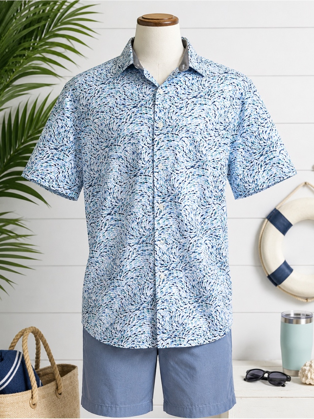 Van Heusen Never Tuck Shark Print Short Sleeve Shirt Men’s XL Slim Fit Blue
